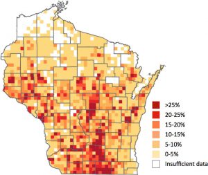 Wisconsin map showing areas of highest nitrate contamination