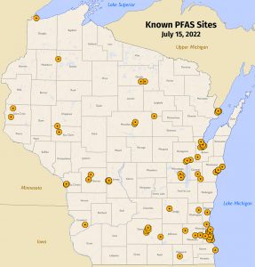 Wisconsin map showing sites of pfas contamination in water