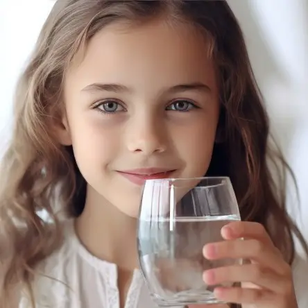 smiling girl holding glass of filtered water